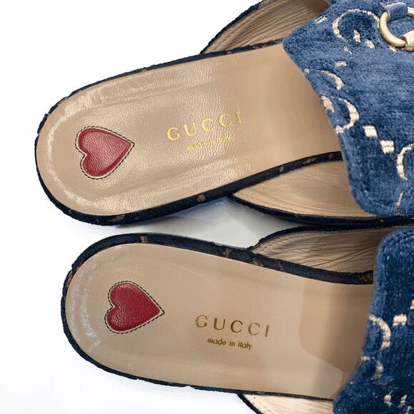 SOLD Gucci Princetown Horsebit Mules Navy Blue GG Logo Velvet Flat Loafers - Picture 3 of 14